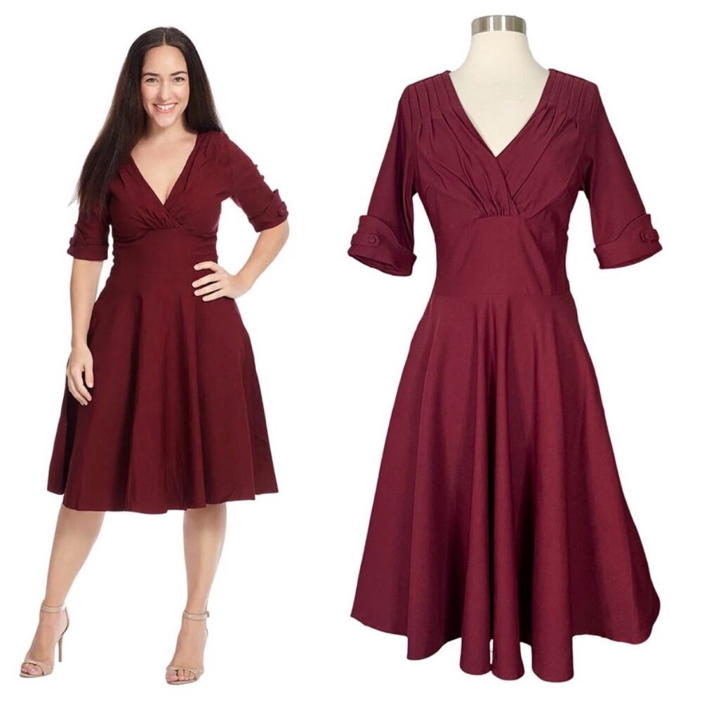Unique Vintage | Delores Burgundy Red Retro 50s A-Line Knee Swing Dress L EUC